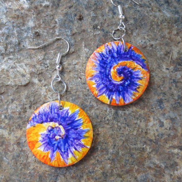 Handcrafted Pierced Earrings Purple & Orange Tie Dye Swirl Hand Painted Wood - Picture 3 of 8